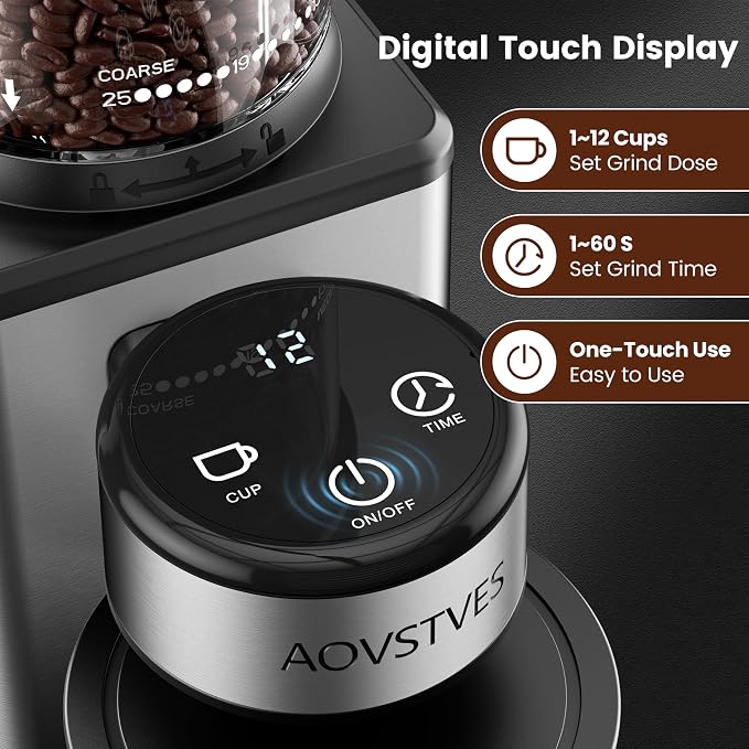 Electric Coffee Grinder, Suitable for Home Use, Features 25 Precise Grinding Settings, a 60-Second Timer Function, and an Easy-to-Clean Stainless Steel Coffee Bean Grinder