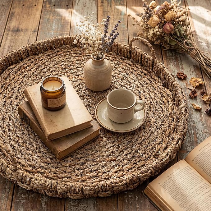 Large 15.7 Inches Rattan Round Serving Tray with Handles Round Braided Bankuan Basket with Handles for Decorative Coffee Table Fruit Bread