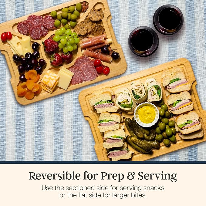 Totally Bamboo Flip, Serve & Store Reversible Charcuterie Board with Lid | Portable 5-compartment serving board with clear locking cover for travel. Cutting board side includes juice groove for prep.