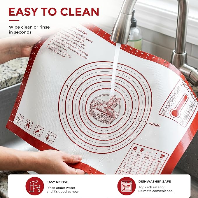XL Silicone Pastry Mat for Baking Dough Mat, Extra Large 28x20 inches Red | Non-Stick & Non-Slip Dough Mat for Rolling Out with Measurements, Bread, Pizza, Pie Crust, Cookies, Fondant Oven Safe