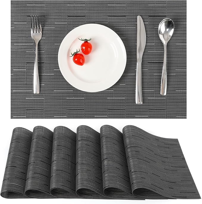 Myir JUN Placemats Set of 6 Kitchen and Dining Table Placemats | Vinyl Placemats Place Mats Indoor/Outdoor Set of 6 Washable Table Mats Non-Slip Place mats for Dining Table, Black-gray