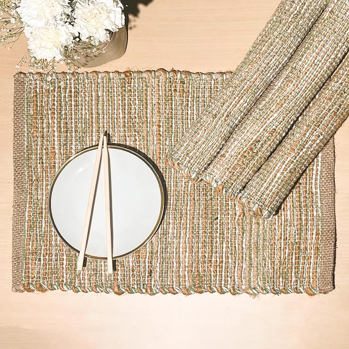 Natural Jute Sage Green-White Placemats, Set of 4, 13x19 | Rustic Handmade Boho Table Mats, In Dining Table, Kitchen, Everyday Meals, Holidays, Farmhouse or Modern Table Décor