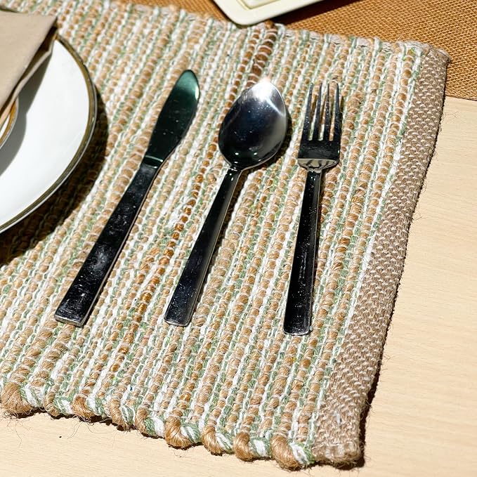 Natural Jute Sage Green-White Placemats, Set of 4, 13x19 | Rustic Handmade Boho Table Mats, In Dining Table, Kitchen, Everyday Meals, Holidays, Farmhouse or Modern Table Décor