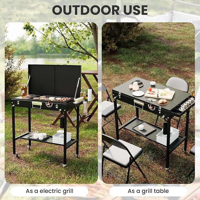 2-in-1 Outdoor Table & Electric Grill 1800W | Portable & Foldable | Nonstick Cooking Surface | Outdoor Kitchen & Backyard Barbecue