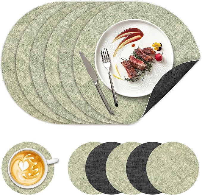 NCUE 13" Faux Leather Round Placemats Set of 6, Reversible Dual-Color | With 3.9" Coasters, 2 mm Vinyl Table Mats, Waterproof Wipeable Heat Resistant, Non-Slip Texture, for Dinner Party Home Decor