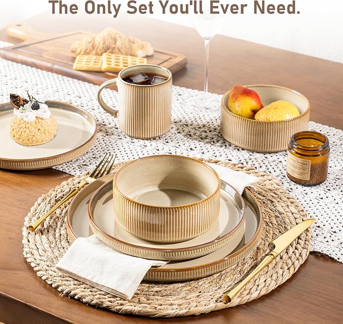 GBHOME Stoneware Dinnerware Sets for 6, 18-Piece Plates and Bowls Set | Handmade Reactive Glaze Ceramic Dish Set, Scratch Resistant, Dishwasher&Microwave Safe,Barley Latte