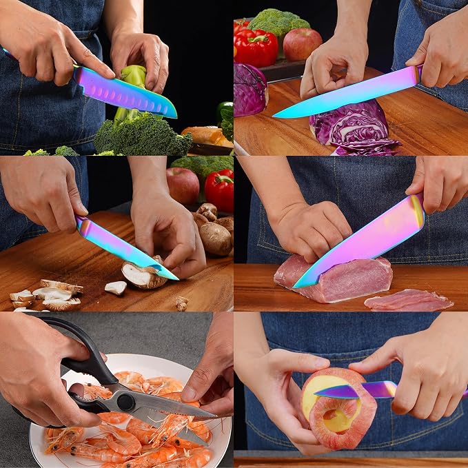 WELLSTAR Rainbow Knife Set 8 Pieces, Iridescent German Stainless Steel Kitchen Knives Set with Wooden Block, Colorful Titanium Coating, Chef’s Knife Block Set with Scissors and Built-in Sharpener