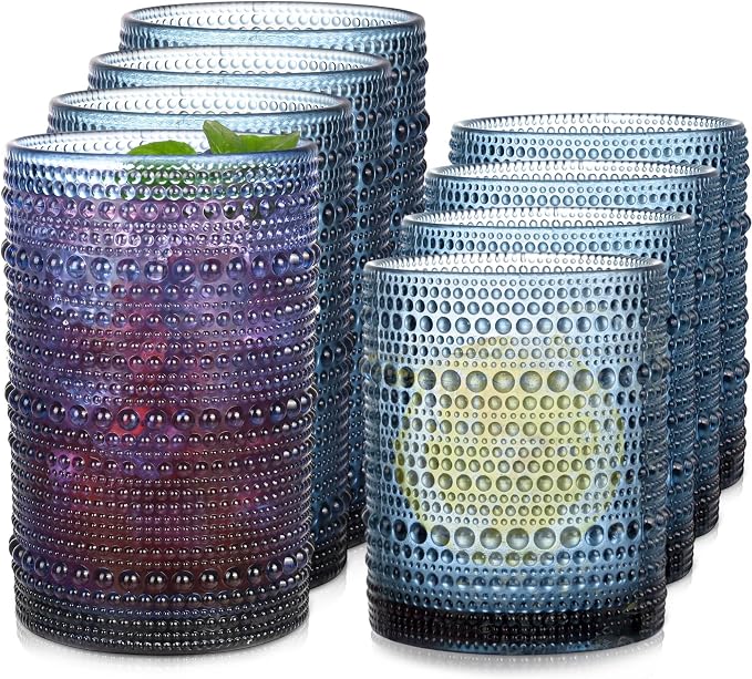 Blue Hobnail Drinking Glasses Set of 8, 15 oz Vintage Highball Glassess & 12 oz Cocktail Glasses, Drinkware Kitchen Glasses for Cocktail, Iced Coffee, Beer, Ice Tea, Wine, Whiskey, Water