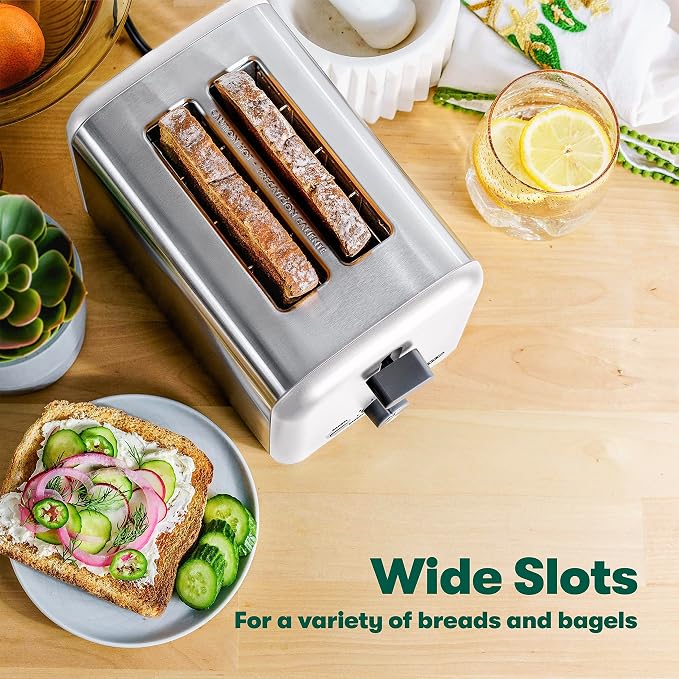 BELLA 2 Slice Toaster, Quick & Even Results Every Time, Wide Slots Fit Any Size Bread Like Bagels or Texas Toast, Drop-Down Crumb Tray for Easy Clean Up, Stainless Steel and White