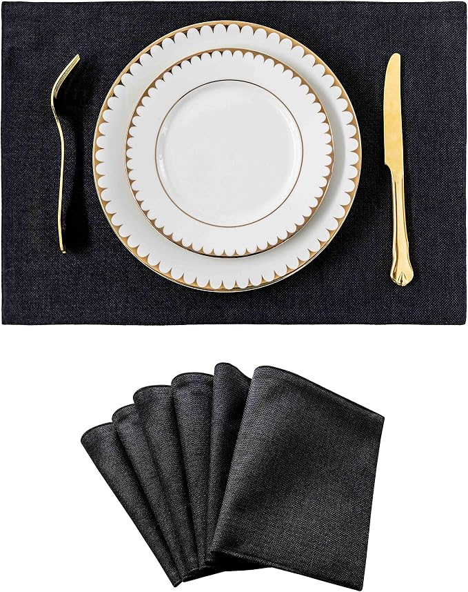 Home Brilliant Black Placemats Set of 6 Heat Resistant Dining Table Place Mats Kitchen Cloth Table Mats, Black
