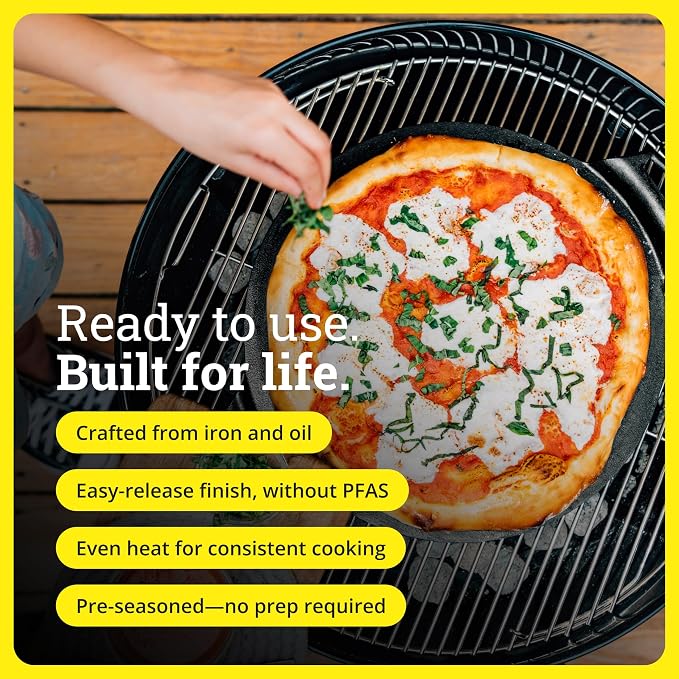 Lodge Seasoned Cast Iron Pizza Pan 15 Inch - Pre-Seasoned, Round Pizza Pan with Dual Assist Handles - Even Heat Distribution- PFAS-Free, Non-Toxic Cookware - Oven Safe