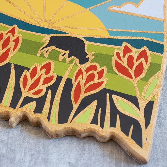Totally Bamboo Oklahoma State Shaped Cutting Board, Summer Stokes Art | State charcuterie board with colorful hand-drawn landscape art. Smooth reverse side for food prep. Hang tie for wall display.