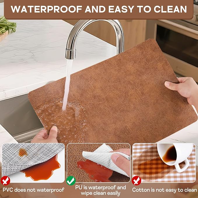 Faux Leather Placemats Set of 6 Heat Resistant Table Mats 17×12 Inch | Waterproof & Wipeable Place Mats Set of 6 Dual Sided Table Placemats for Kitchen Dining Indoor & Outdoor 43×30CM ReddishBrown