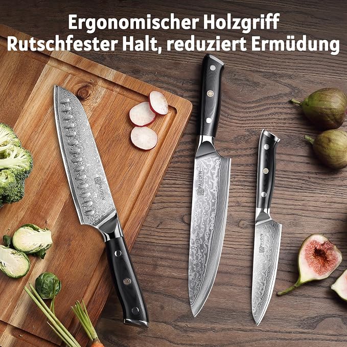 PAUDIN Damascus Knife Set 3 PCS, Japanese VG10 Steel Core, Ultra Sharp Chef Knife Set, Full Tang G10 Handle, Damascus Kitchen Knives | 67-Layer Forged Kitchen Knife Set, Japanese VG10 Steel Core, Full Tang G10 Handle