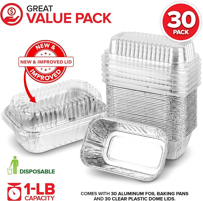 Stock Your Home Disposable Aluminum Mini Loaf Pans with Lids, 1 lb (30 Pack) New & Improved Plastic Dome Lid Foil Baking Tins, Tin Pans for Cake, Bread, Holiday Baked Goods Packaging