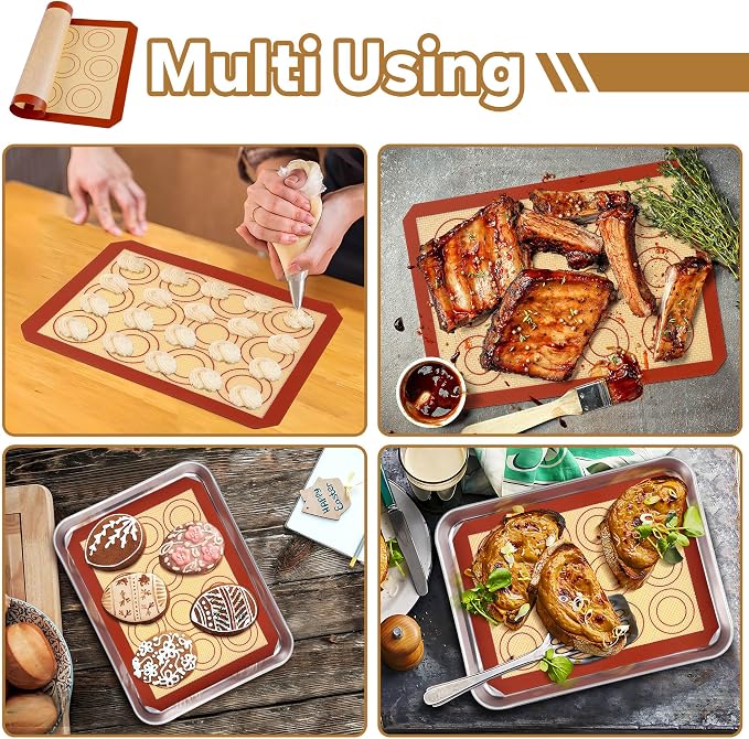 P&P CHEF 9.7 Inch Silicone Baking Mat, 2Pcs Non-stick Silicone Oven Mats | Reusable Baking Supplies for Macaroon Pastry Bread Dough Cookie Pizza, Good for Roasting Kneading, Fit Well with Sheet Pan