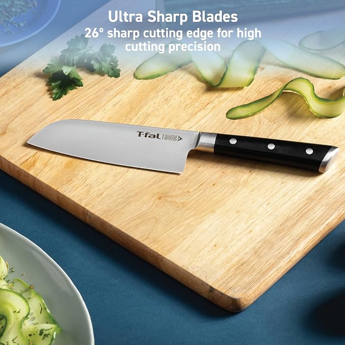 T-Fal Ice Force Kitchen Knife Set, 3-Piece, German Stainless Steel | X50CrMoV15 steel, Ice hardening up to 1800F/-250F, 26-degree cutting edge, Ergonomic finger guard handle, Hand wash only