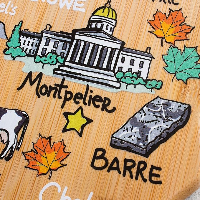 Totally Bamboo Vermont State Shaped Cutting Board, Art by Fish Kiss | State charcuterie board with colorful hand-drawn map artwork. Smooth reverse side for food prep. Hang tie for wall display.