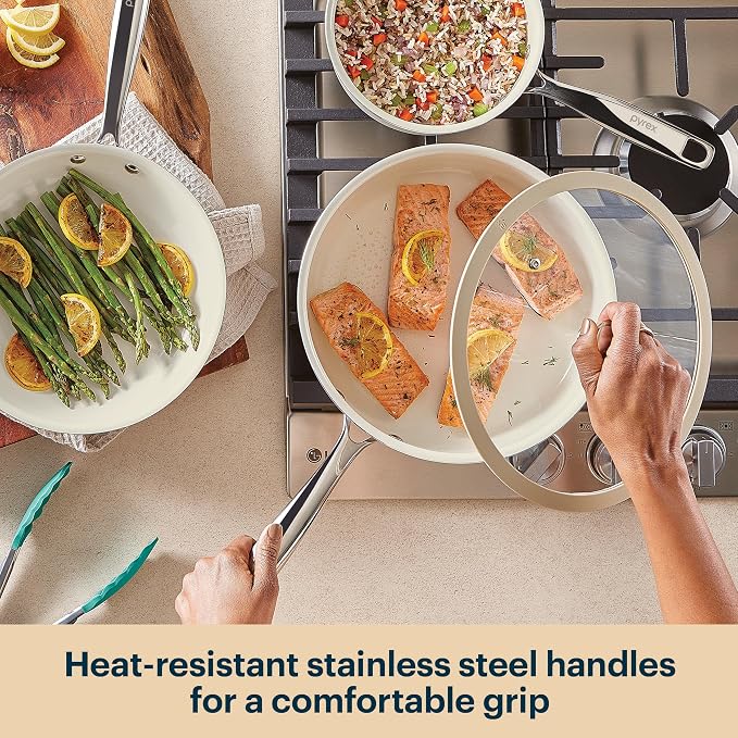 Pyrex 8-Piece Ceramic Cookware Set, Pots and Pans with Lids & Handles | Healthy nonstick ceramic coating, induction compatible stainless steel, PFAS Lead Cadmium BPA Free