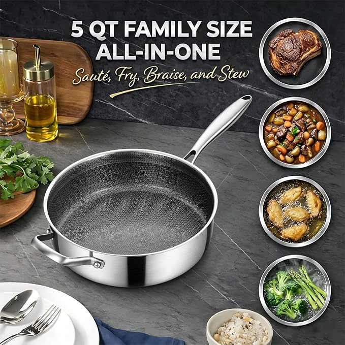 Inqibee 5QT Hybrid Nonstick Stainless Steel Sauté Pan with Lid | Honeycomb Tri-ply Stainless Steel Deep Frying Pan, Large Skillet for Sautéing, Frying & Family Meals, Induction Compatible