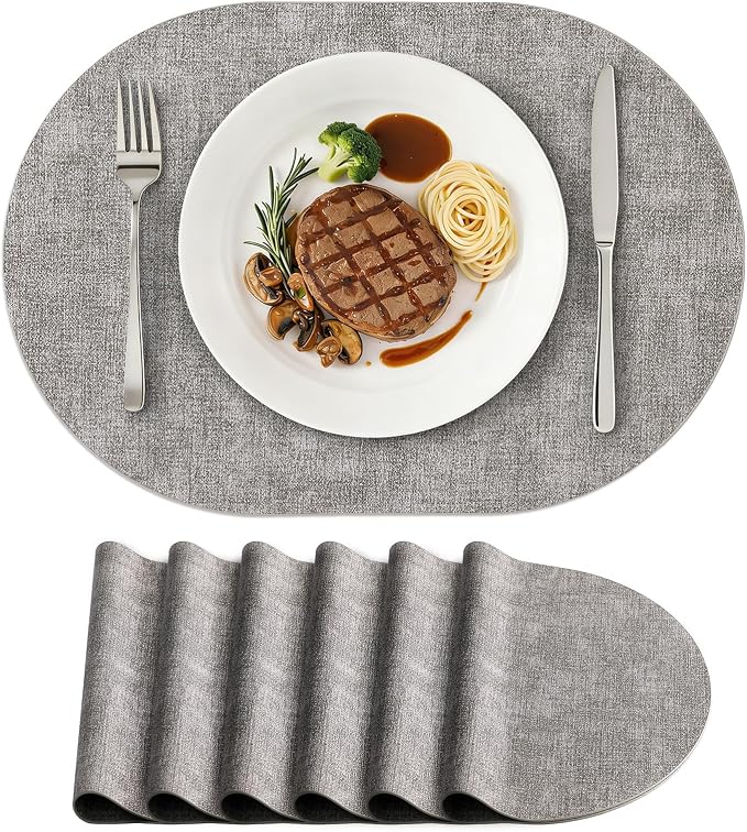 Placemats Set of 6, 11.8 x 17 Inch, Light Grey | Heat Resistant Oval Faux Leather Place Mats, Waterproof Wipeable Reversible PU Placemat, Indoor & Outdoor