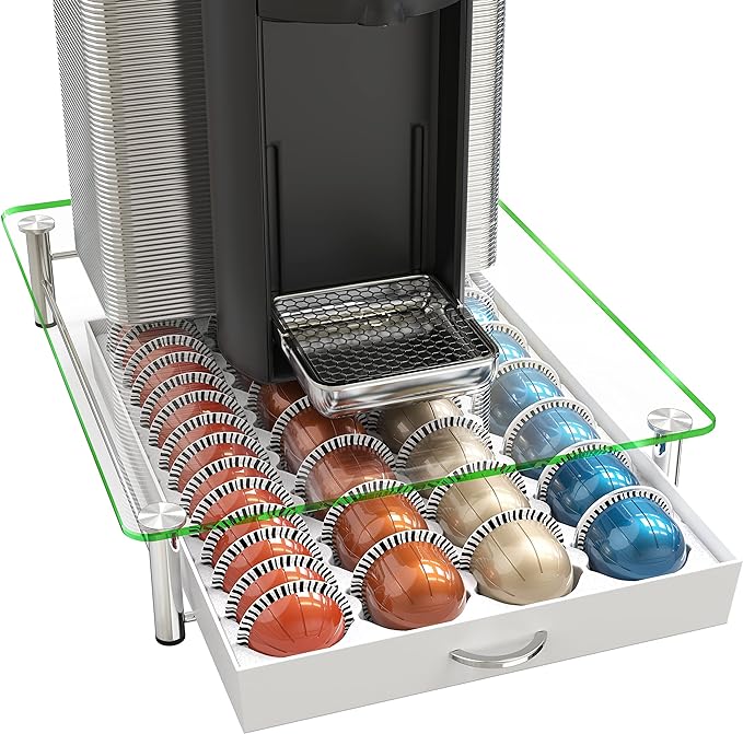 Deco Brothers Tempered Glass Vertuo Pod Holder, Fits 28 Large/56 Small Pods | Compatible with Nespresso Capsule, White