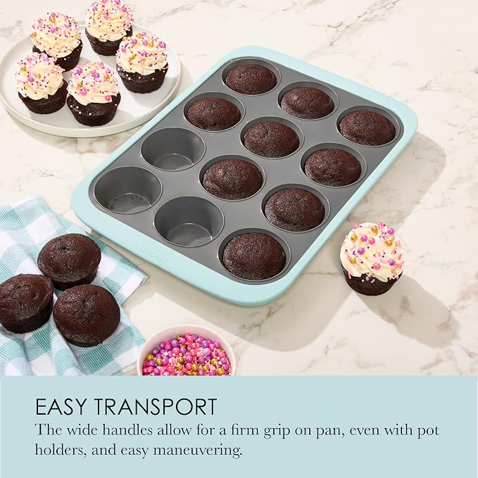 Chicago Metallic 12-Cup Silicone Muffin Pan, Blue - Nonstick Cupcake Baking Pan with Wire-Reinforced Rim, Oven Safe to 428F, Dishwasher Safe, 14.6 x 10.43 Inches