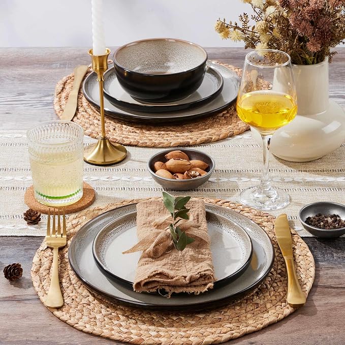 LIANYU Ceramic Dinnerware Set, 12 Piece Plates and Bowls for 4, Tidal Khaki | Porcelain Ceramic Dishes Set, Dishwasher & Microwave Safe Stoneware, Chip and Scratch Resistant Kitchen Dishware Set