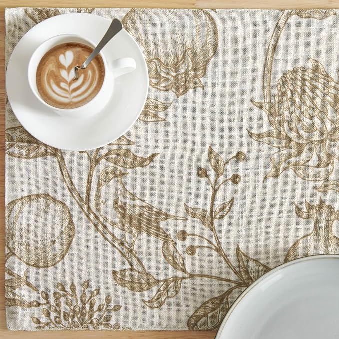 JINCHAN Linen Placemats Set of 4 Farmhouse Botanical Print 13x19 Inch Tan | Fabric Placemats, Cottage Style, Botanical Bird Motif, Machine Washable, Easy to Store, Reusable