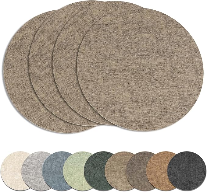 13" Round Placemats Set of 4, Reversible Faux Leather Wipeable Table Mats | 2mm Vinyl Heat Resistant Waterproof Oilproof Scratch Proof Non-Slip Washable for Kitchen Dining Indoor Outdoor (Light Coffee)