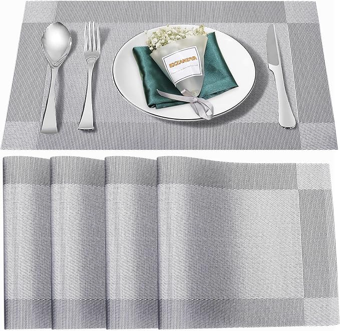 Silver Vinyl Placemats Set of 4,Washable Dining PVC Table Mats | Heat resistant, stain resistant non slip vinyl place mats, washable silver table placemats for dining table