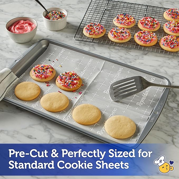 Reynolds Kitchens Parchment Baking Sheets, 25 Sheets (Pack of 4), 100 Total | Pre-cut parchment cookie baking sheets, Non-stick, Smart-grid lines for even spacing of cookies, Use up to 3 times