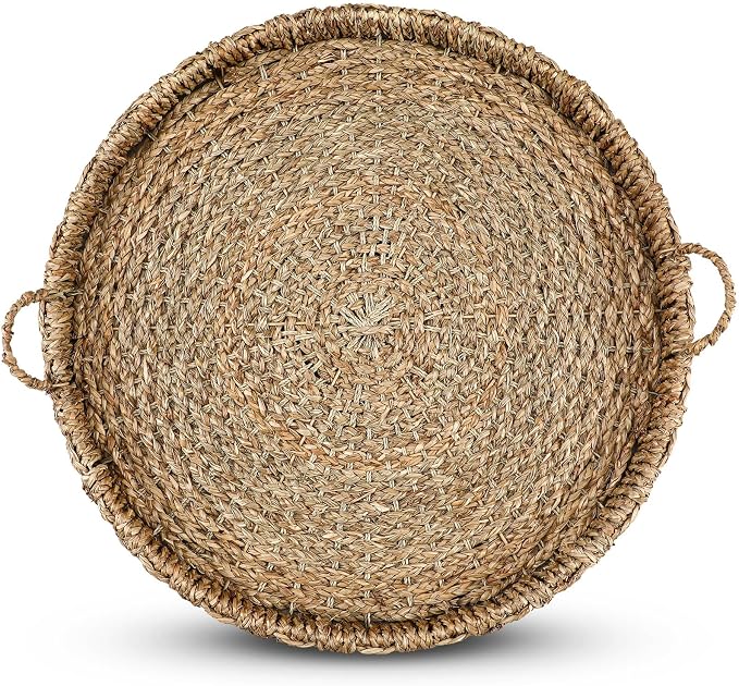 Large 15.7 Inches Rattan Round Serving Tray with Handles Round Braided Bankuan Basket with Handles for Decorative Coffee Table Fruit Bread