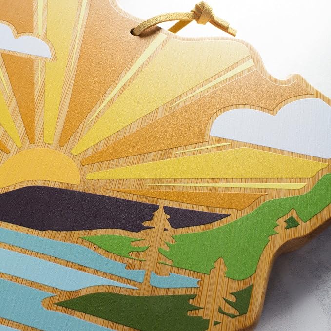 Totally Bamboo Minnesota State Shaped Cutting Board, Summer Stokes Art | State charcuterie board with colorful hand-drawn landscape art. Smooth reverse side for food prep. Hang tie for wall display.