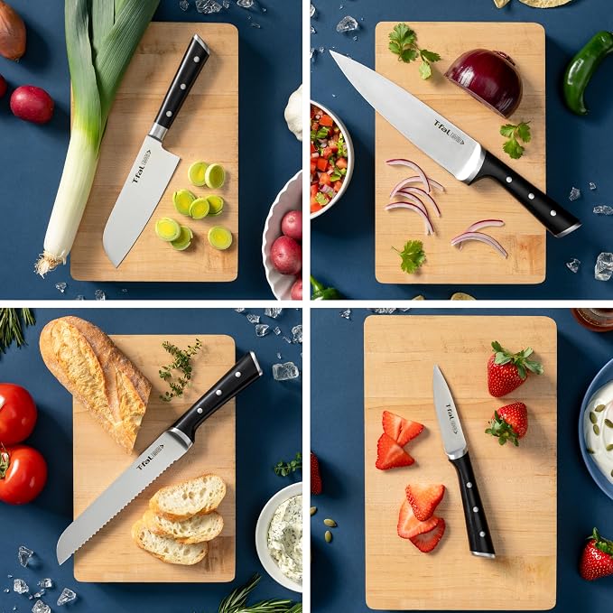 T-fal Ice Force 8-Piece German Stainless Steel Kitchen Knife Block Set | X50CrMoV15 steel, 26-degree cutting edge, Ergonomic handle with finger guard, Includes santoku knife, Hand wash only