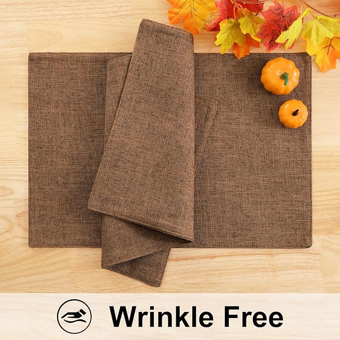 Faux Cotton Linen Placemats Set of 4, Cloth Washable Farmhouse Dining Table Mats for Indoors & Outdoors, Easy to Clean, Brown, 13 x 19 Inch
