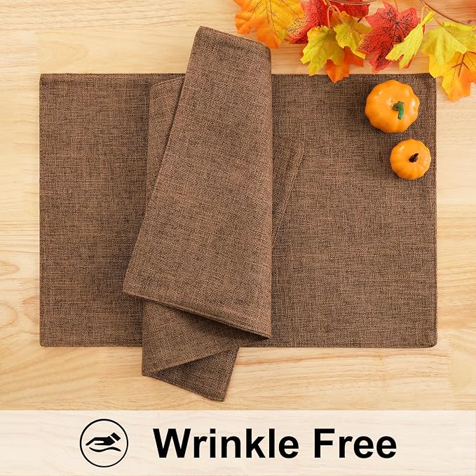 Faux Cotton Linen Placemats Set of 8, Cloth Washable Farmhouse Dining Table Mats for Indoors & Outdoors, Easy to Clean, Brown, 13 x 19 Inch