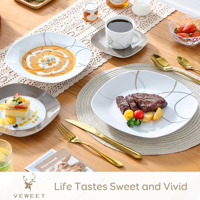 VEWEET 30 PCS Ceramic Dinnerware Sets for 6, White and Brown Dishes Set | Porcelain Dinner Set Including Dessert Plates, Soup Plates, Dinner Plates, Cups & Saucers, Microwave & Dishwasher Safe