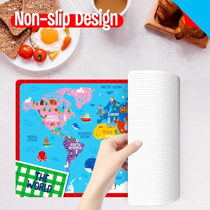 6 Pack Placemats for Kids, Non-Slip Washable, Reusable Alphabet, Number, Shape & Color, Universe, Map Themed Educational Placemats for Home, Kindergarten, Classroom, Nursery