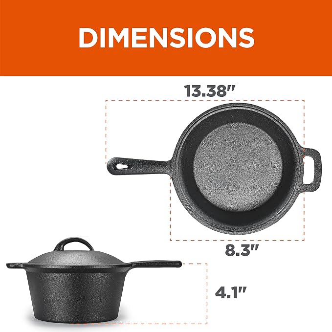 Commercial Chef 2-Qt. Saucepan with Lid, Pre-Seasoned Cast Iron, CHCI20 | Integrated Handles, Works on All Cooktops Including Induction, Outdoor Skillet for Campfires or Grills