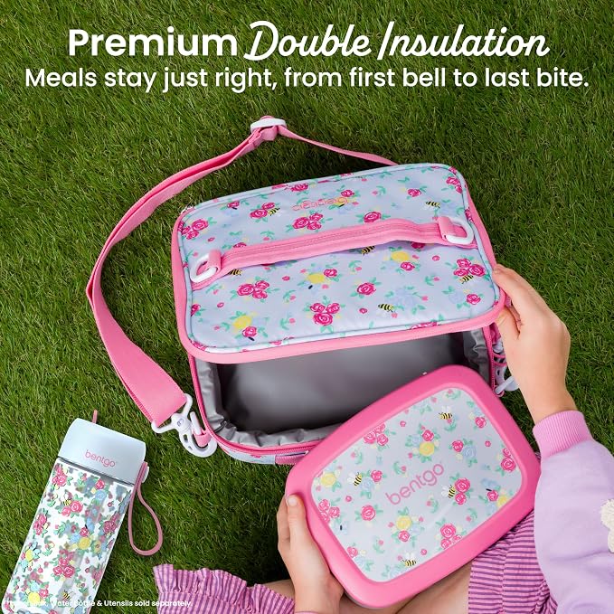 Bentgo Kids Prints Double-Insulated Reusable Lunch Bag | For Kids 3+, Adjustable Strap; Holds Lunch Box/Water Bottle/Snacks; Easy-Clean, Water-Resistant, Pocket (NEW Blooming Floral)