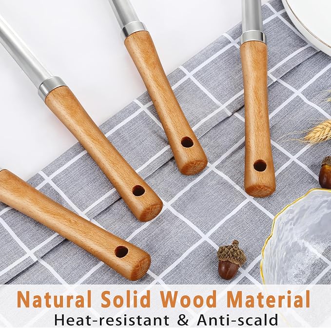 Pleafind 4-Pcs Cooking Utensils Set, Stainless Steel Kitchen Utensils with Wooden Handle, Kitchen Essentials Set Include Wok Ladle, Slotted Spoon, Wok Spatula and Slotted Spatula, Dishwasher Safe