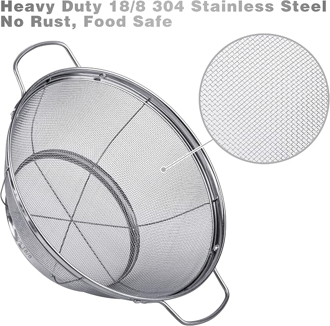 3 Pack 18/8 Stainless Steel Colander Sieves(5-Quart, 4-Quart and 3-Quart), Mesh Strainer Net Baskets with Handles & Resting Base for Strain, Drain, Rinse or Steam