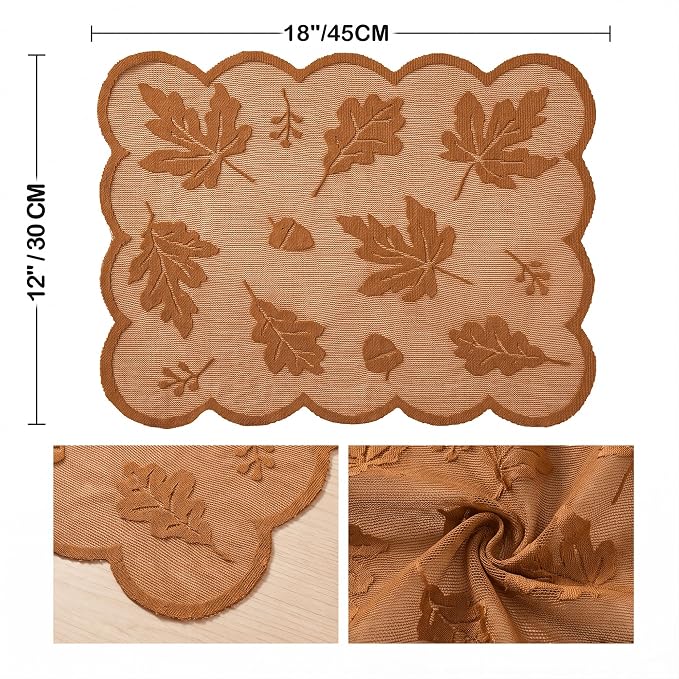 Artoid Mode Rust Maple Leaves Lace Fall Placemats Set of 2, 11x17 Inch Table Mats for Thanksgiving Party Dining Table Decoration