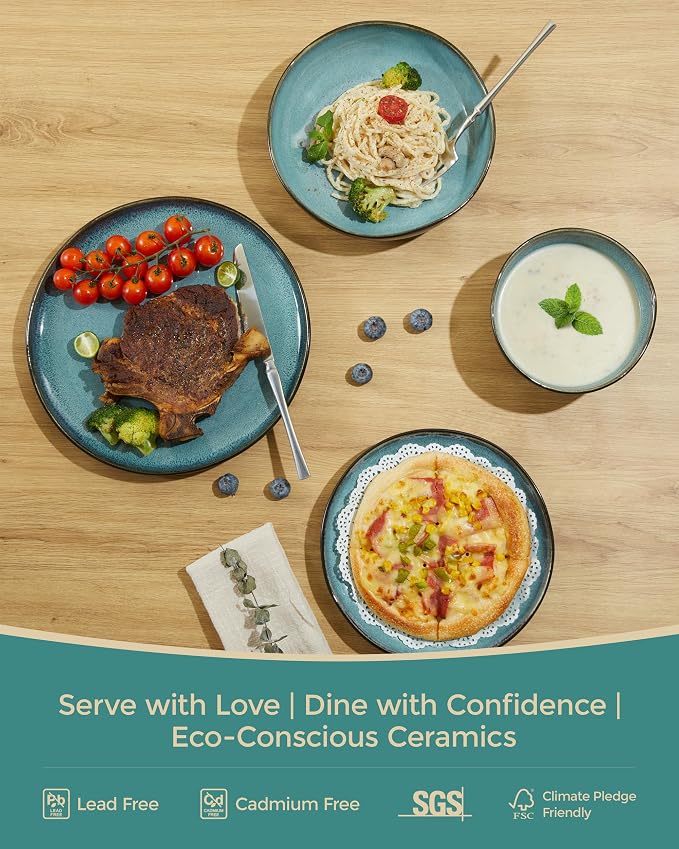 32 Piece Dinnerware Set for 8 with Pasta Bowls, Green Black Reactive Glaze Stoneware | All‑in‑One Host Set for Entertaining, Holiday Meals, Multi‑Course Dinners | Unique Irregular Coastal Look