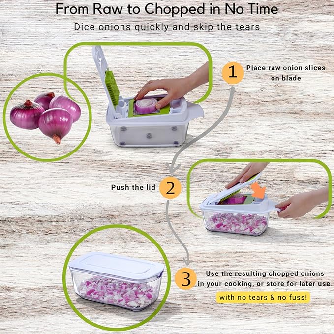 Brieftons QuickPush Manual Vegetable Chopper: 8-Cup Push-Down Onion Dicer & Food Chopper, 3 German Steel Blades, BPA-Free Container with Keep-Fresh Lid and Cleaning Comb - Manual, Dishwasher Safe