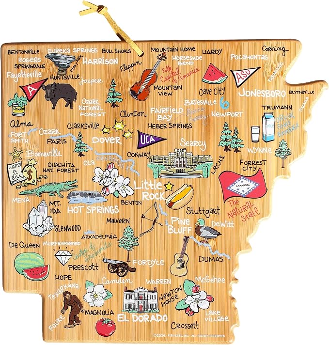 Totally Bamboo Arkansas State Shaped Cutting Board, Art by Fish Kiss | State charcuterie board with colorful hand-drawn map artwork. Smooth reverse side for food prep. Hang tie for wall display.