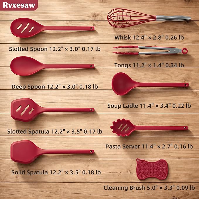 Kitchen Utensils Set,9 PCS Silicone Cooking Utensils Set Spatula Set,Cooking Utensils Tool,Tongs,Spoon,Whisk,Brush,Dishwasher Safe Kitchen Gadgets for Non-Stick Cookware,Home Essential(Red)