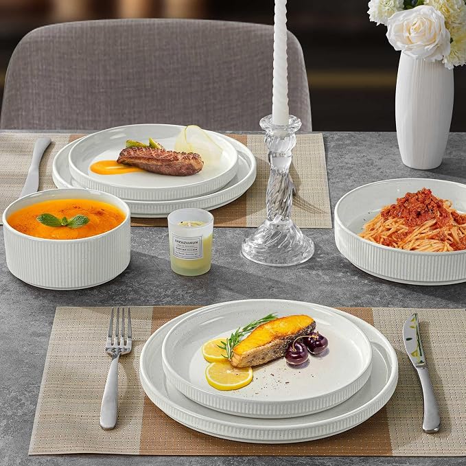LIANYU 16 PCS Ribbed Dinnerware Sets with Pasta Bowls for 4, Speckled White | Stoneware Plates and Bowls Set, Dishware for Home Kitchen, Microwave and Dishwasher Safe