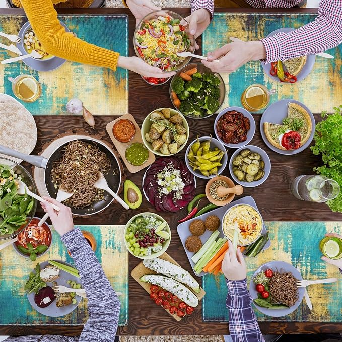 Emvency Farmhouse Placemats Set of 4, 12x18 Inch, Turquoise and Yellow | Abstract Vintage Art Painting Table Mats for Outdoor Home Party Kitchen Dining Decoration
